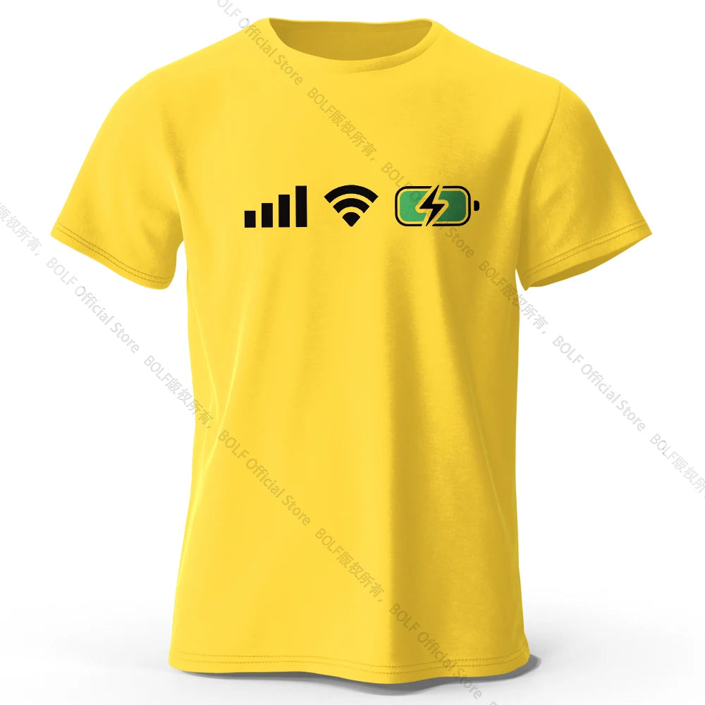 Signal WiFi Battery Printed T-Shirt 100% Cotton Oversized Tech Graphic Tees for Men Women Summer Tops Digital Streetwear
