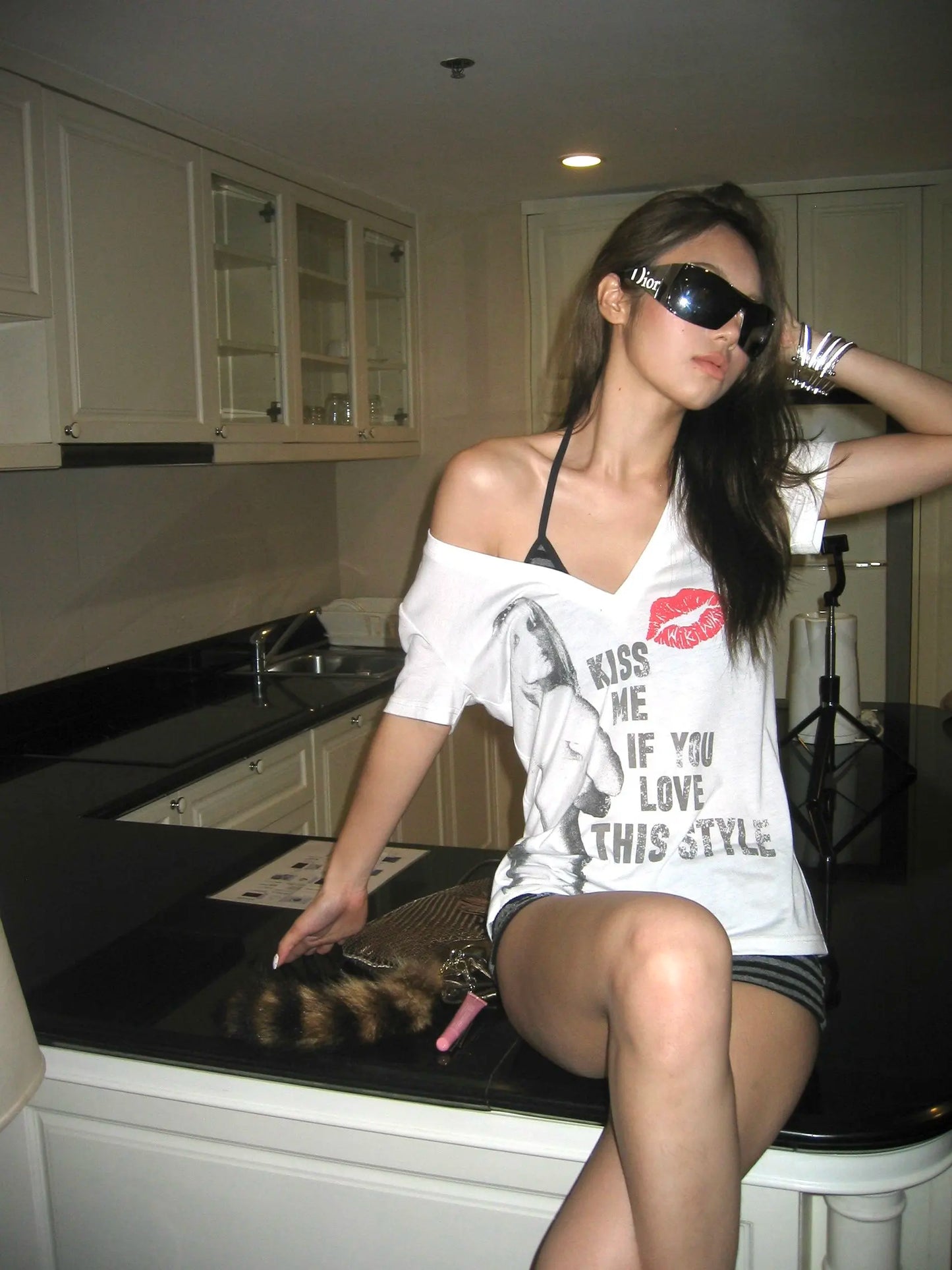 Karrcat Trashy Y2k Letter Print T-shirt Grunge Aesthetics Short Sleeve V-neck Tops Vintage 2000s Style Tee Shirt American Retro
