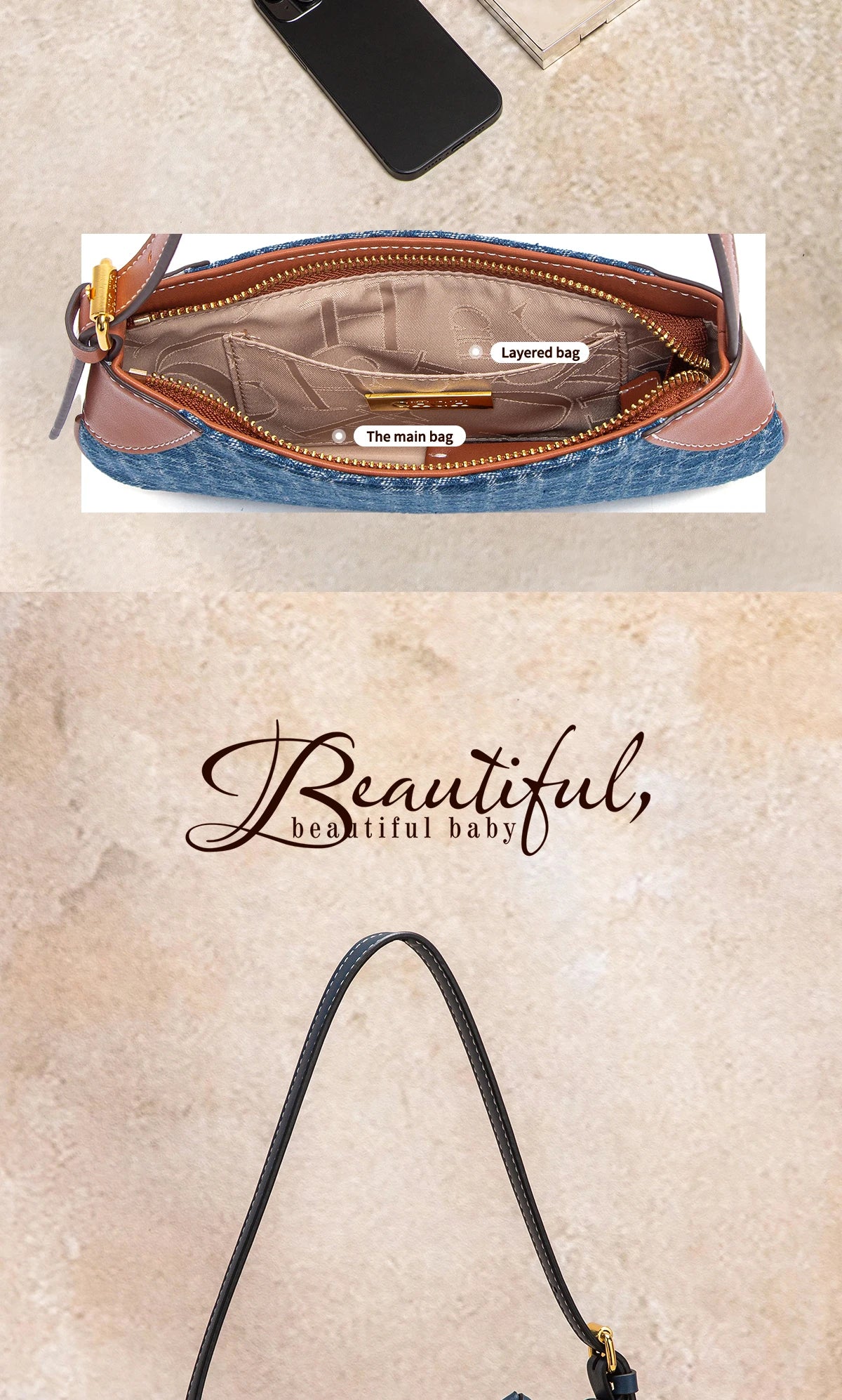 CHCH Women's Handbag 2025 Summer Cowboy Splicing Design Phone Bag Simple Commuter Underarm Bag Wallet
