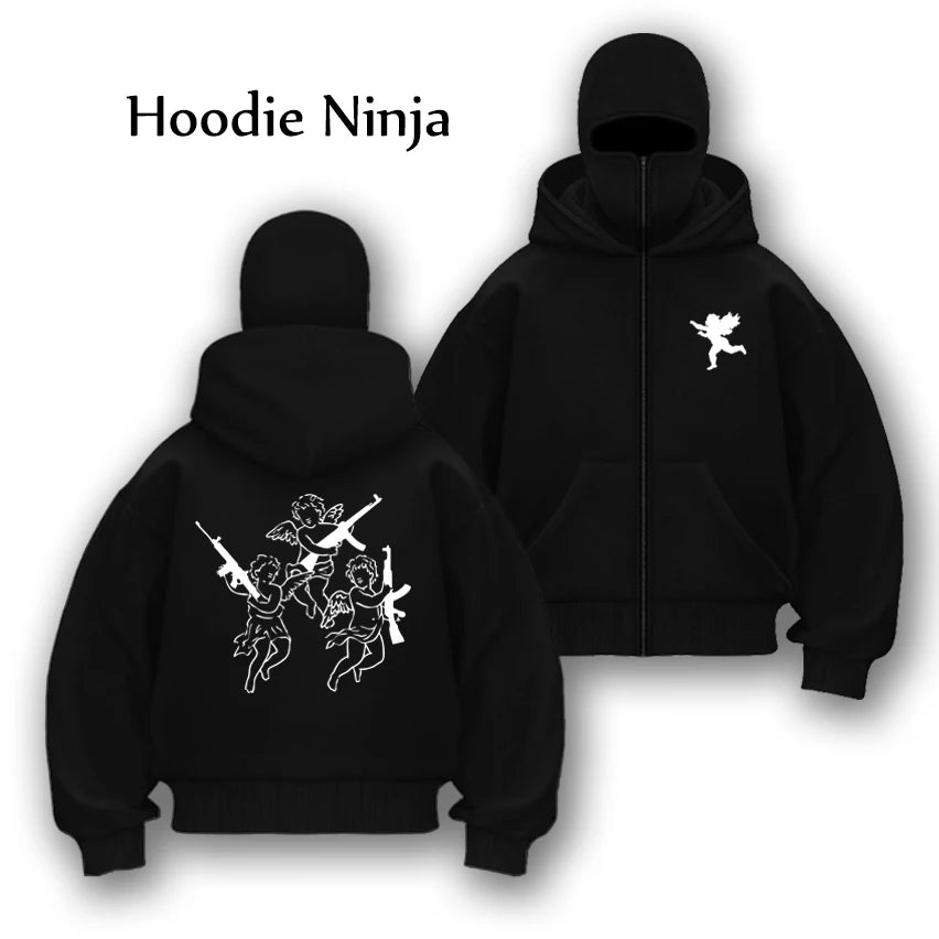 Autumn Winter Unisex zip up hoodies Ninja jacket Cupid pattern Men's Women's Balaclava Hooded Mask Design warm sweatshirt