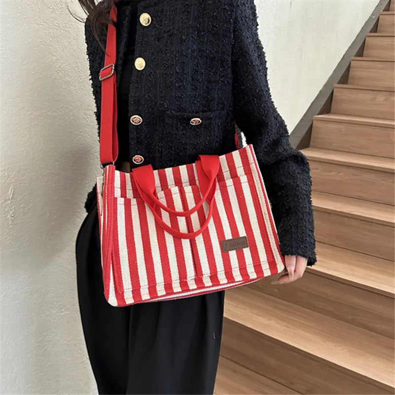 Cool Street Handbag, Large Capacity Women's Shoulder Bag, Trendy Striped Canvas Crossbody Bag, Fashion Travel Shopping Tote Bag