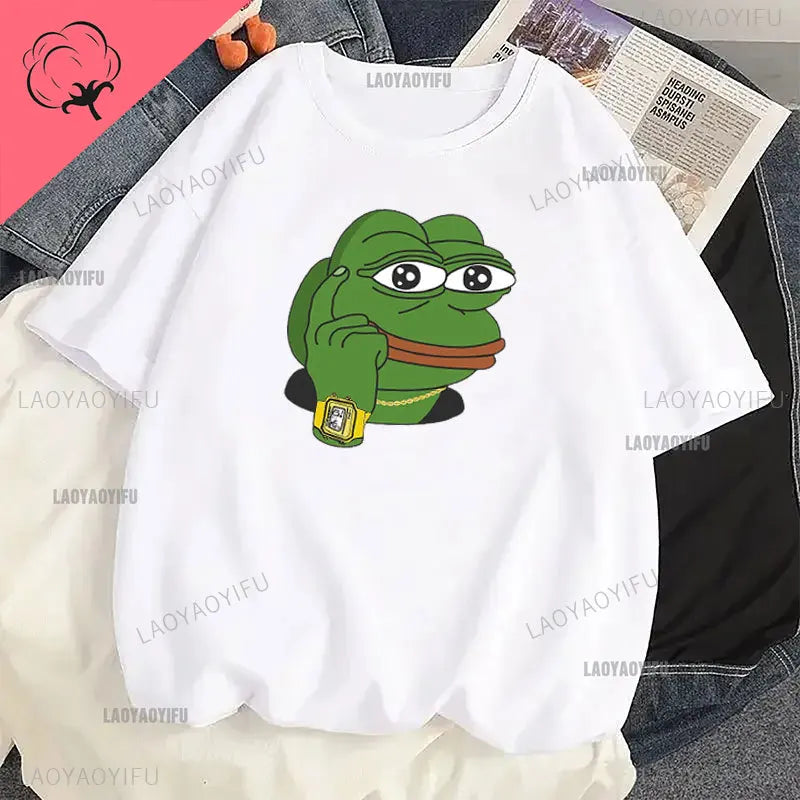 Funny Cartoon Pepe Frog Graphic Cotton Girl T Shirt Unisex Harajuku Short Sleeve Men Funny Frog Animal Y2k Gift Idea Casual Tops