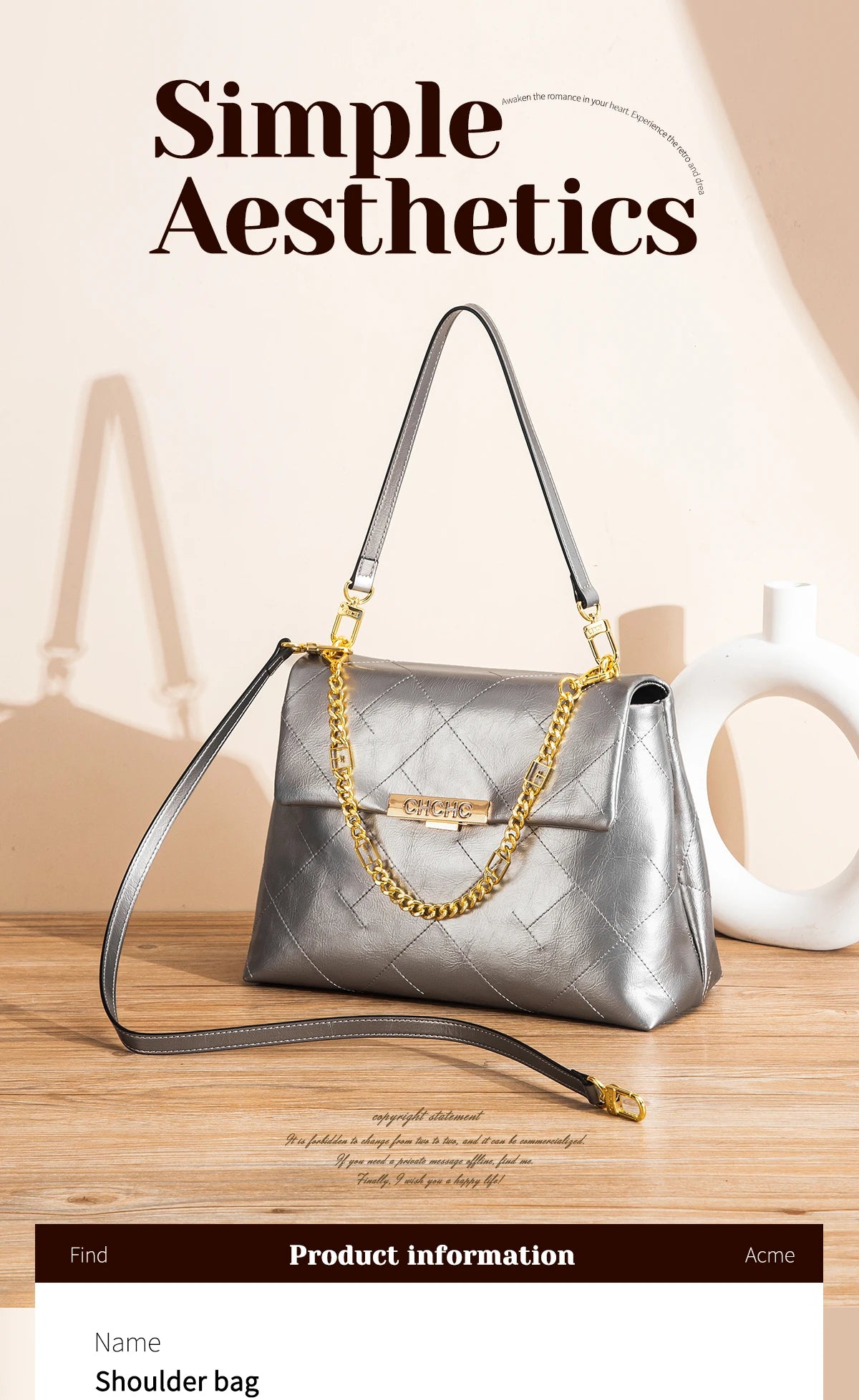 CHCH Women's Tote Bag 2026 Spring/Summer New Single Shoulder Bag Simple Black Diamond Grid Pattern Handbag