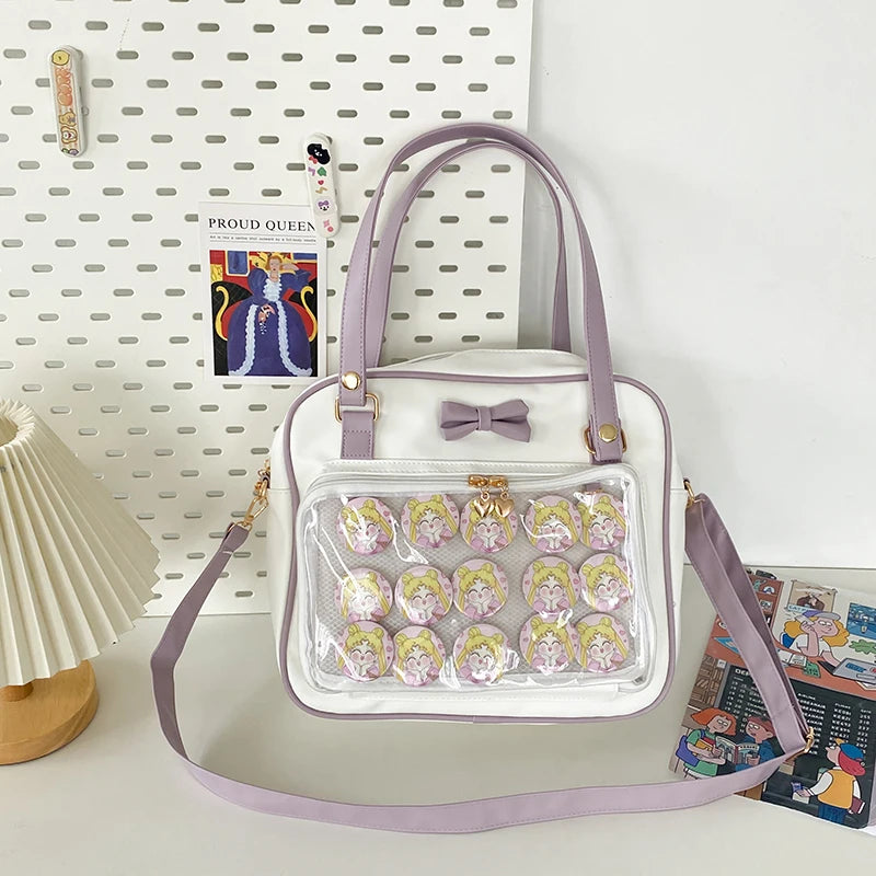 Japanese Style Kawaii PU Leather Itabag Women Transparent Pocket Bowknot Lolita Shoulder Bag Tote Handbags Women Ita Bag JK Girl