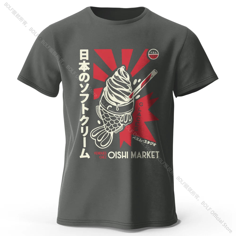 Japanese Foodie Print 100% Cotton T-Shirt, Soft & Breathable Round Neck Short Sleeve Tee, Unisex Cute & Cultural Style