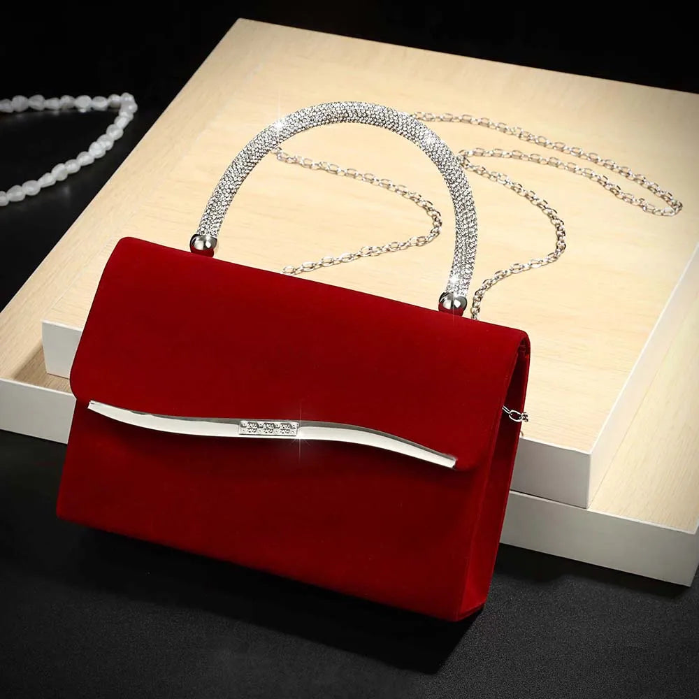 New wine red velvet diamond-encrusted handbag for ladies a luxurious small square bag for dinner parties and a fashionable met