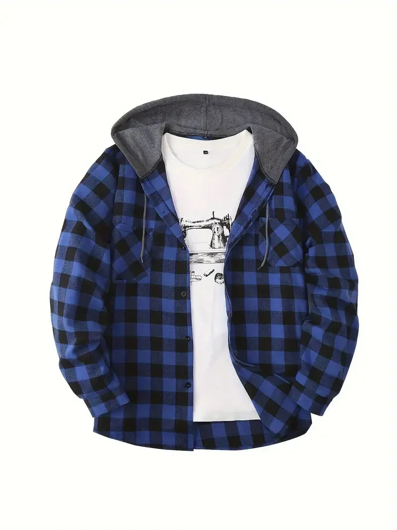 Men's Plaid Flannel Hooded Shirt, Long Sleeve Button Down Hoodie Jacket with Chest Pockets Casual Streetwear Tops