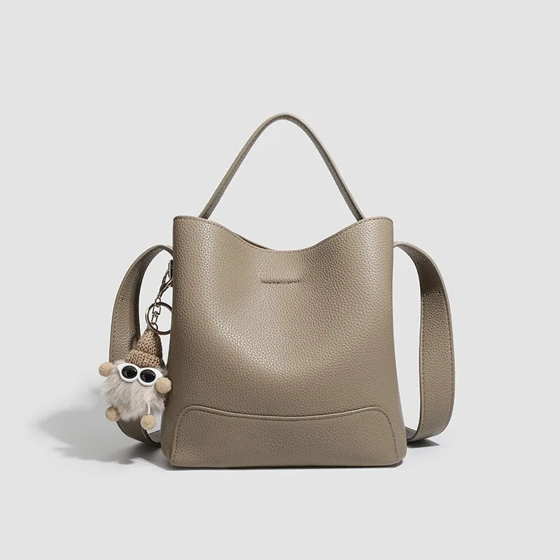 2026 New CEEKAY Khaki Leather Bucket Bag Minimalist Shoulder Bag with Cute Plush Pendant Casual Handbag for Women Bags for Women