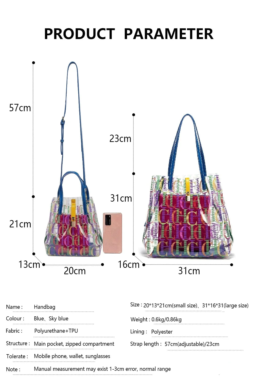 CH Travel Crossbody Bag Women's Large Capacity Clear Tote BagLuxury Brand Delicate Jelly Bag with Monogram Shopping Bag