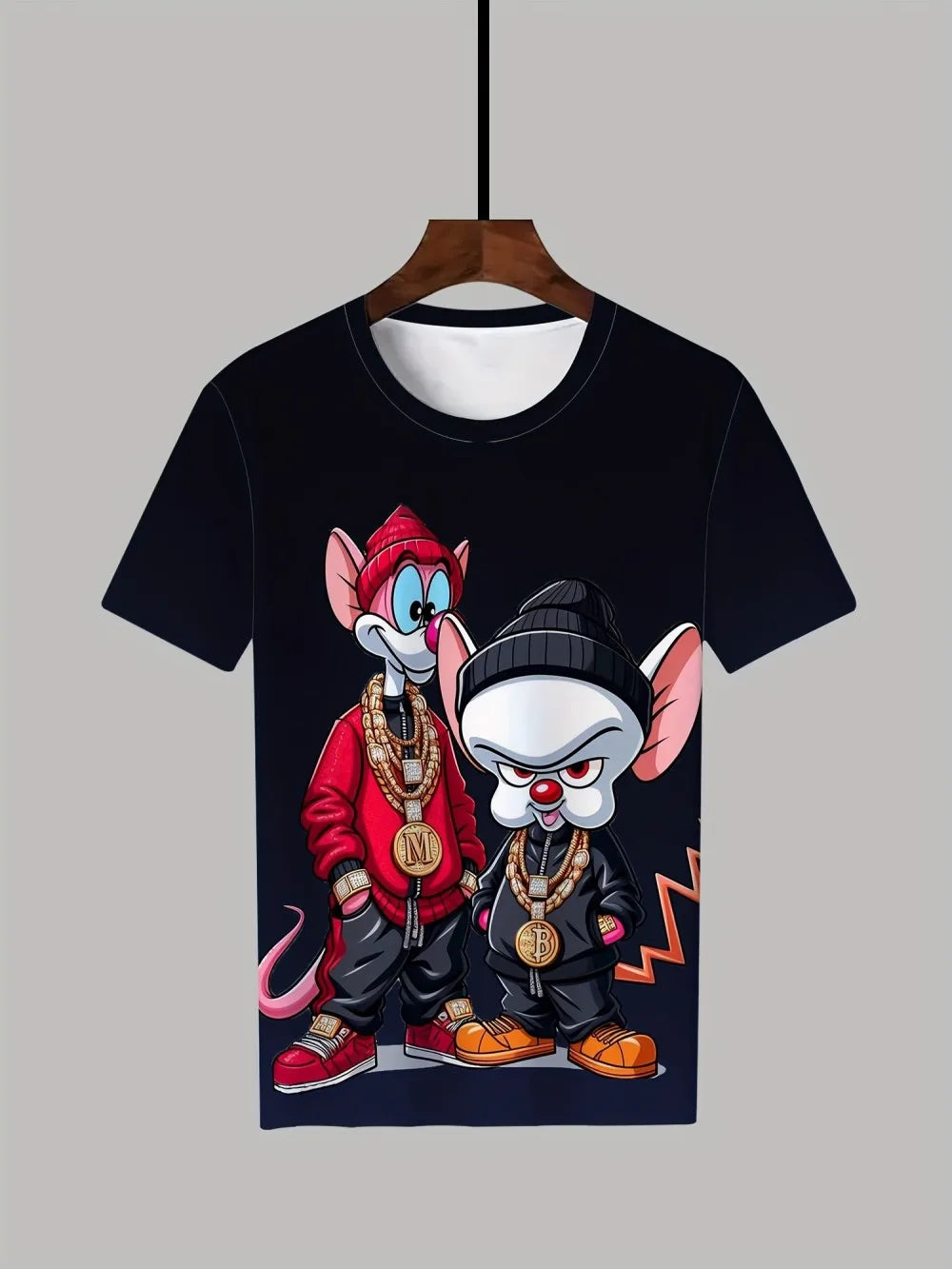 Men's Hip Hop Cartoon Animal Printed Round Neck T-shirt 100% Polyester Fabric Summer Street Top Suitable for Daily Wearing