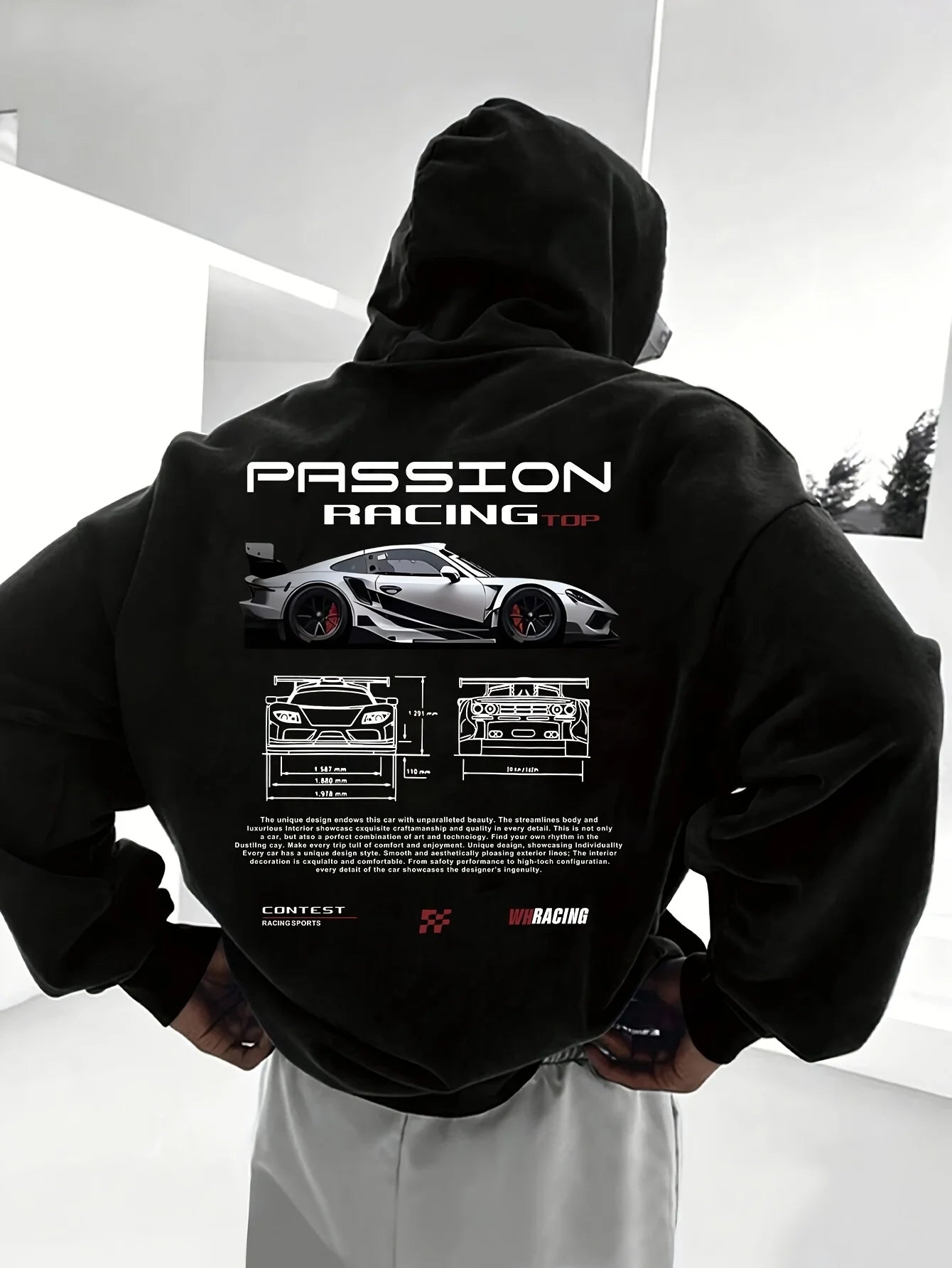 Popular digital pattern men's hooded sweatshirt with car-themed design, American-style casual sports long-sleeved shirt