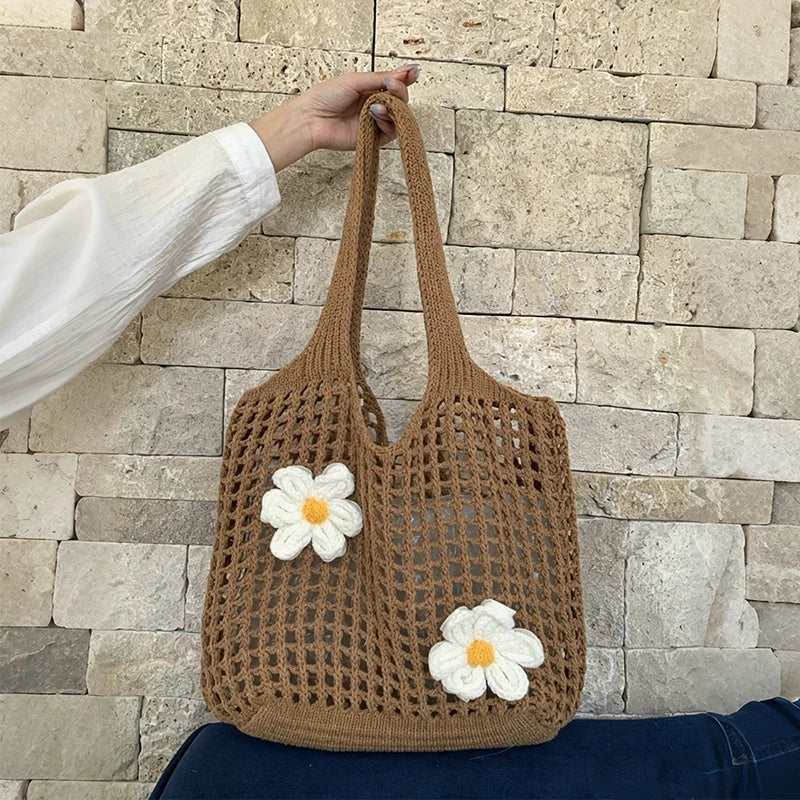 Women Knitted Shoulder Bag Fashion Tote Handbag Large Capacity Summer Beach Bag Lightweight Casual Top Handle Bag Chic Hobo Bag