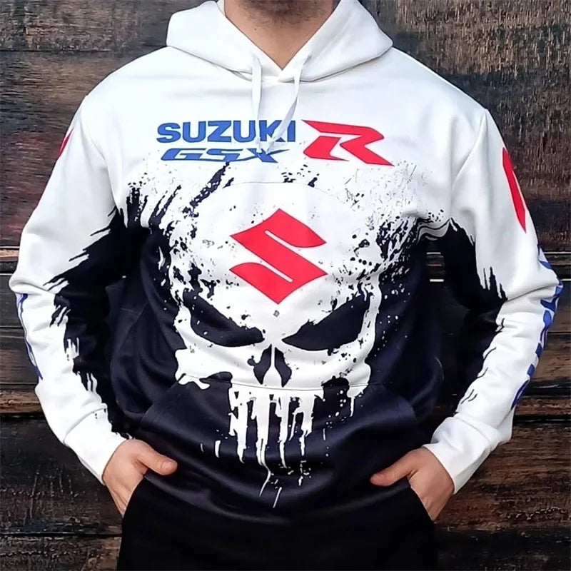 Suzuki men's casual hoodie, 3D printed long-sleeved top for outdoor motorcycle and bicycle enthusiasts, autumn and winter
