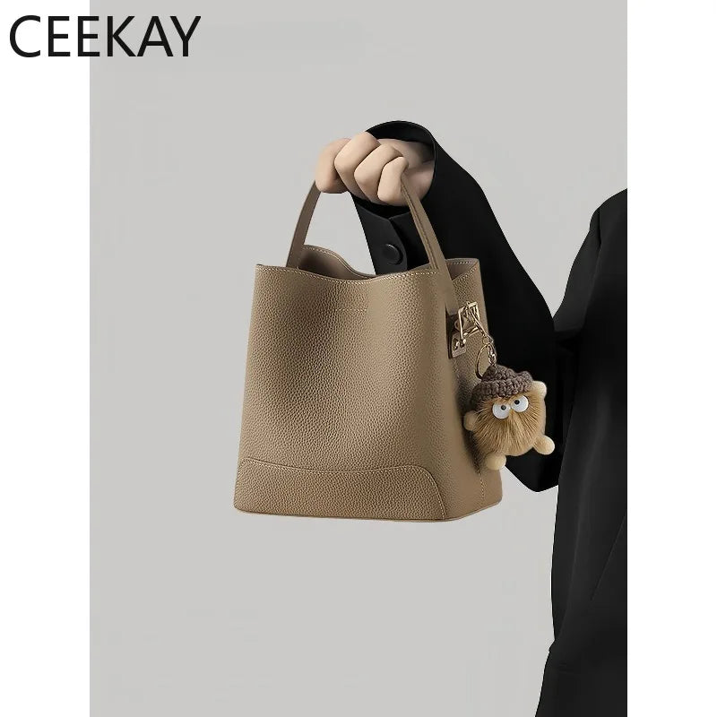 2026 New CEEKAY Khaki Leather Bucket Bag Minimalist Shoulder Bag with Cute Plush Pendant Casual Handbag for Women Bags for Women