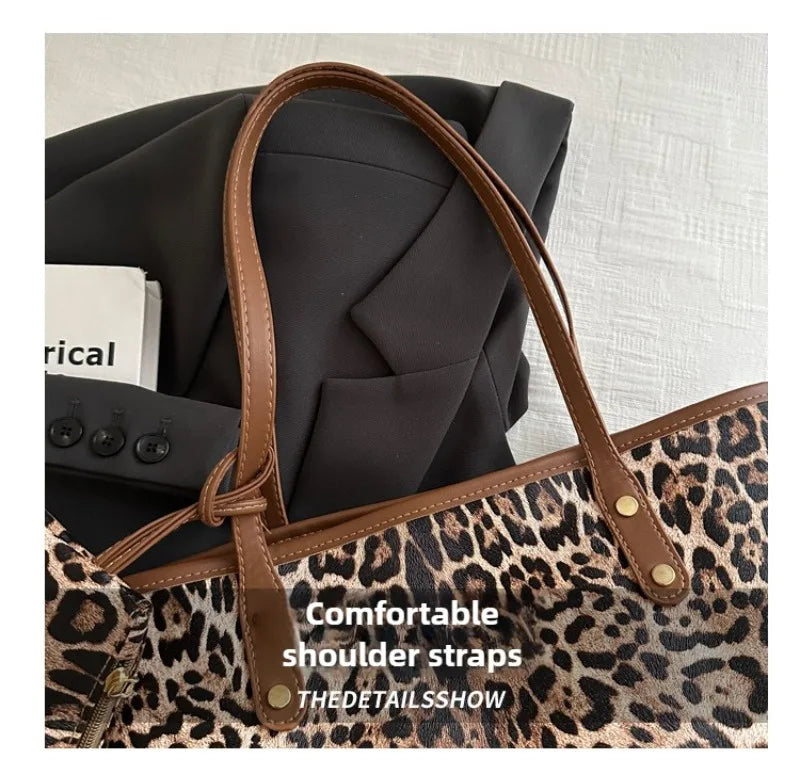 Women's Leopard Print Tote bag Pu Leather Underarm Bags Simple Casual Travel Shopping Bag Large Capacity Mother and Child Packag