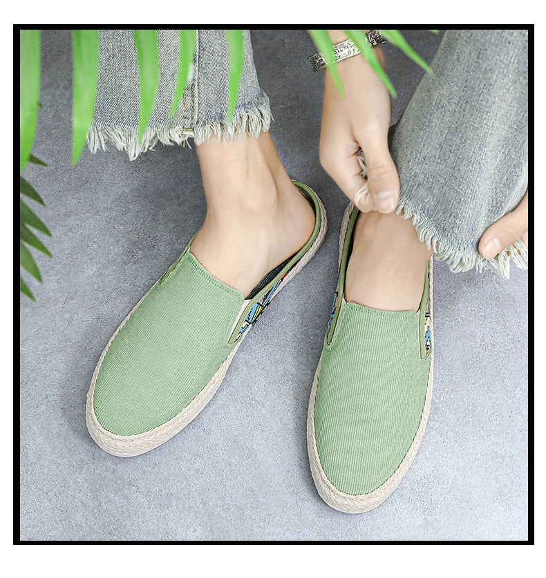 Outdoor Sandals Mens Half Slipper Summer Casual Shoes Canvas Soft Bottom Lightweight Walking Shoe Vulcanized Shoe