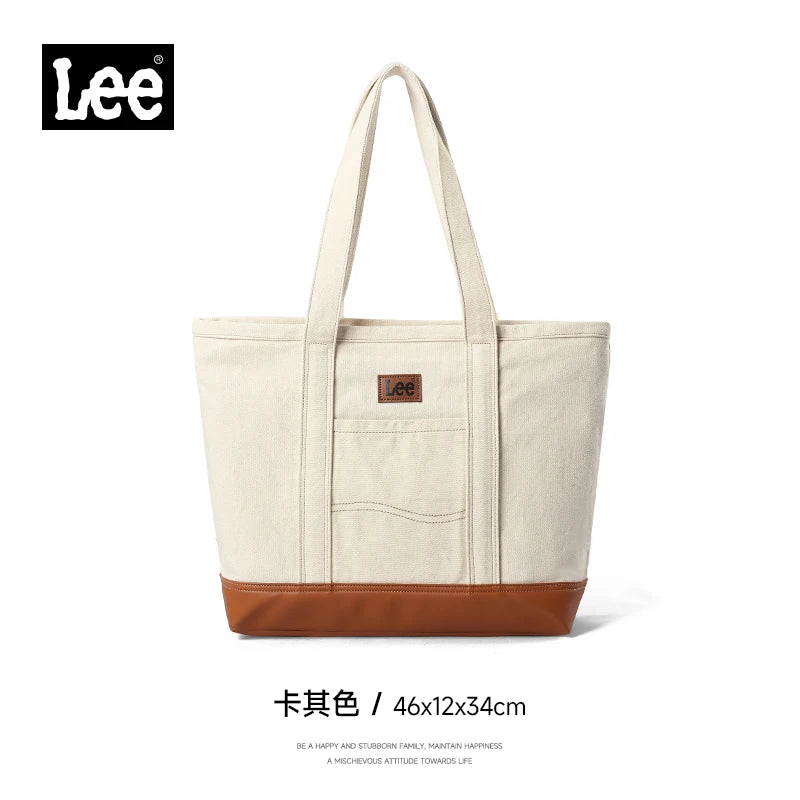 LEE Unisex Utility Canvas Leather Zipper Tote Bag Casual Denim Daily Shopping Handbag Women Man Durable Student School Book Bag