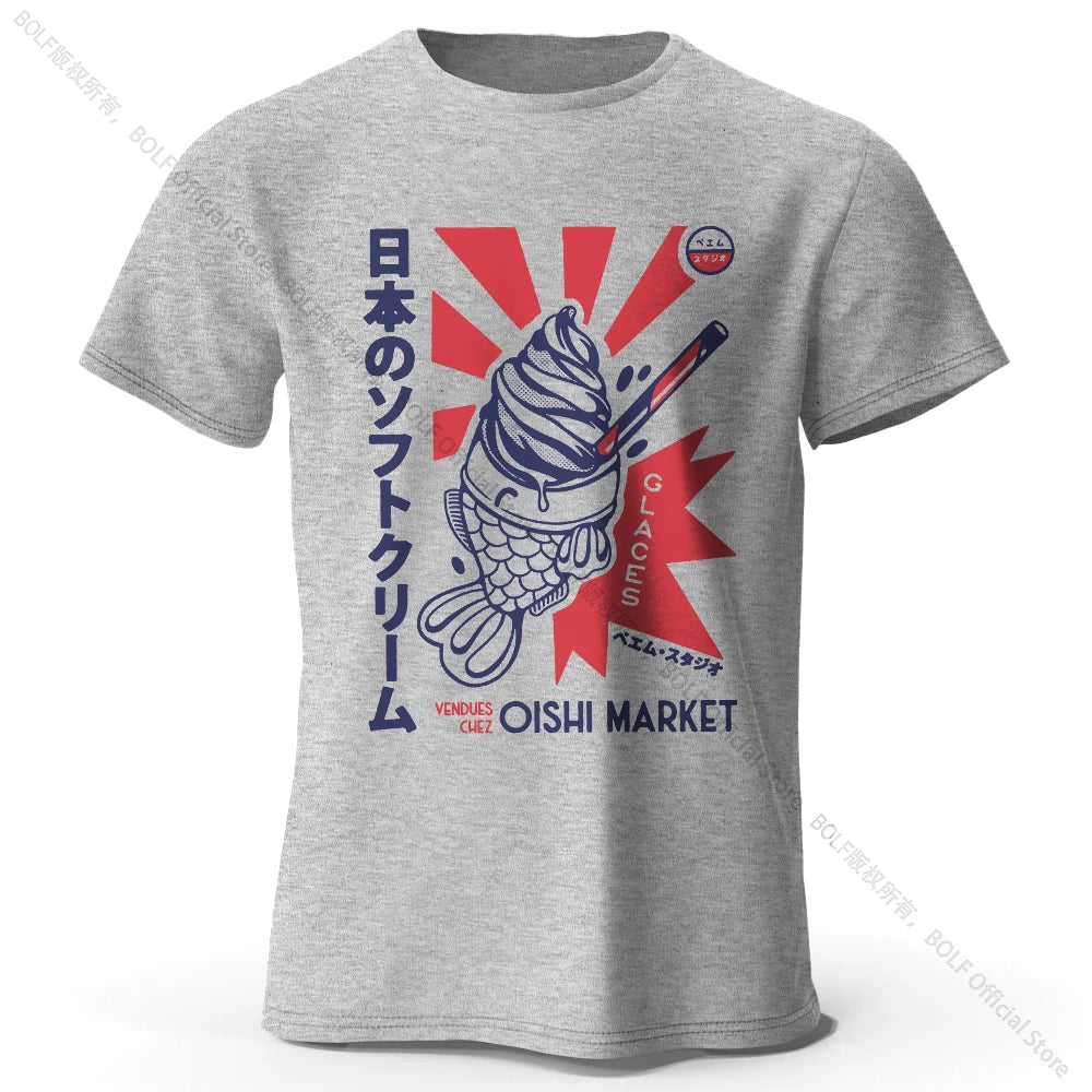Japanese Foodie Print 100% Cotton T-Shirt, Soft & Breathable Round Neck Short Sleeve Tee, Unisex Cute & Cultural Style