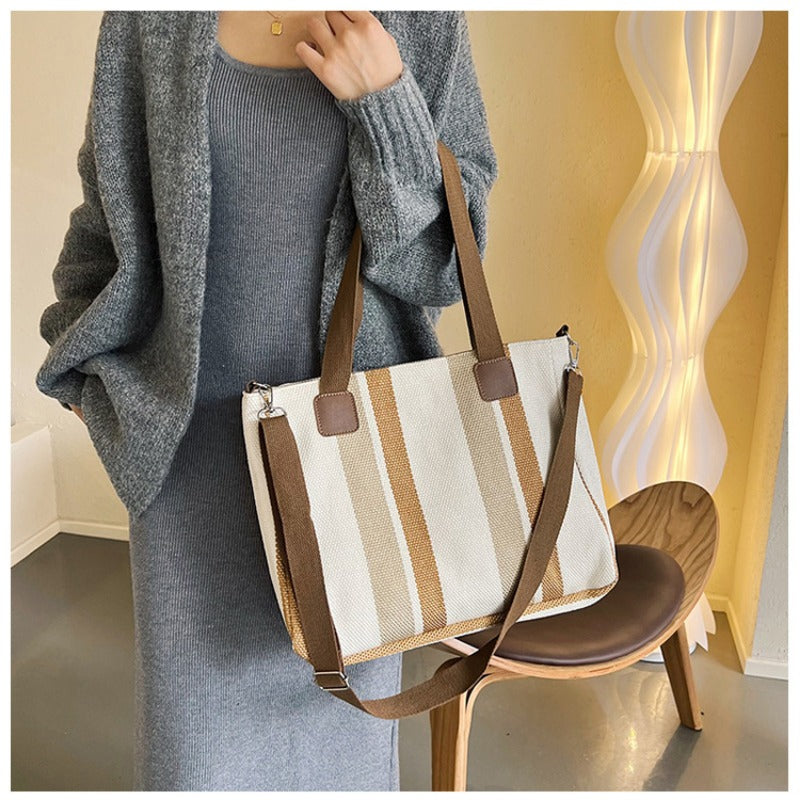 Large Tote Bag for women's Striped Crossbody Canvas Bag 2023 New Trendy Versatile Class Commuting Shoulder Bag