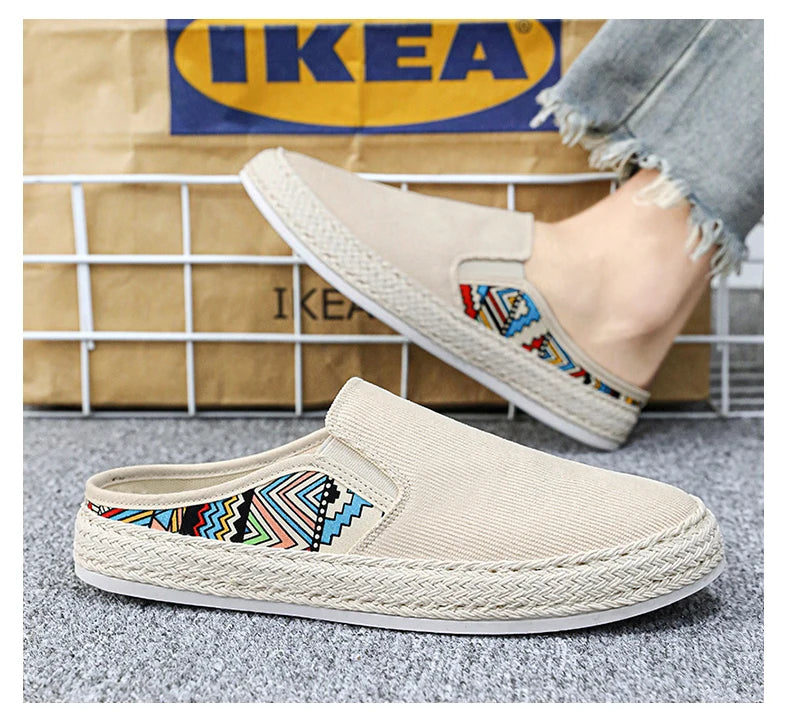Outdoor Sandals Mens Half Slipper Summer Casual Shoes Canvas Soft Bottom Lightweight Walking Shoe Vulcanized Shoe