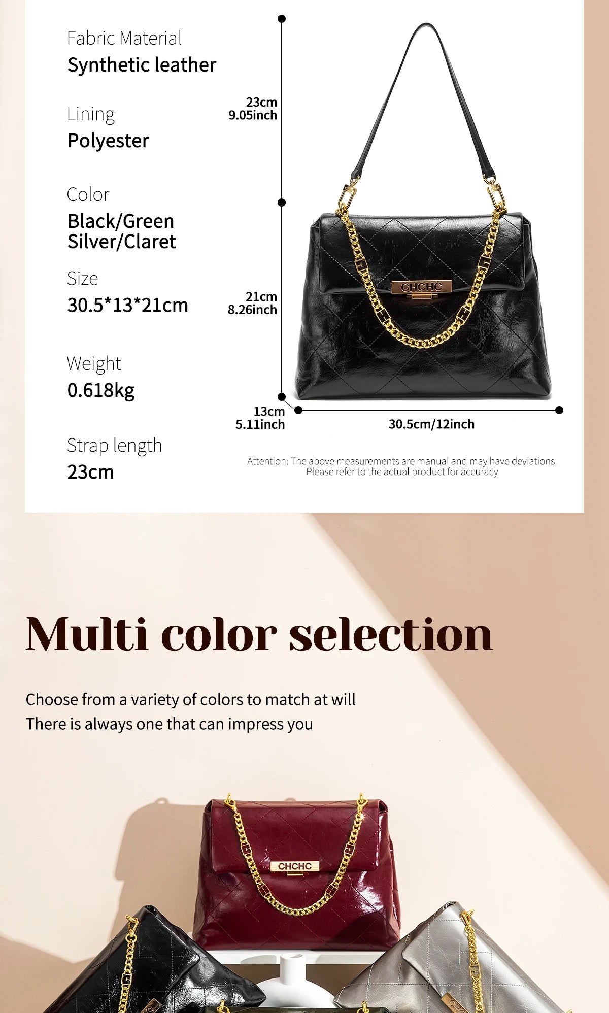 CHCH Women's Tote Bag 2026 Spring/Summer New Single Shoulder Bag Simple Black Diamond Grid Pattern Handbag