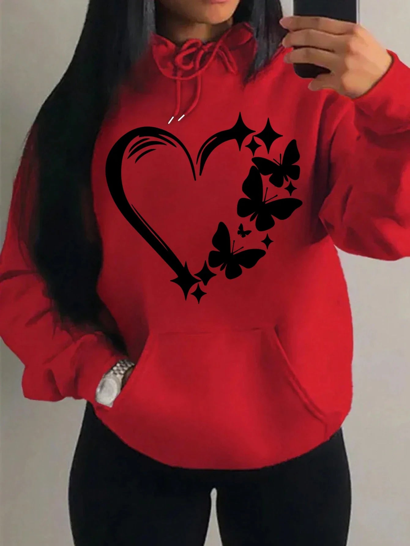 Women's Love and Butterfly Pattern Hoodie Hip Hop Street Fashion Pocket Clothes Retro Multi Color Hoodie