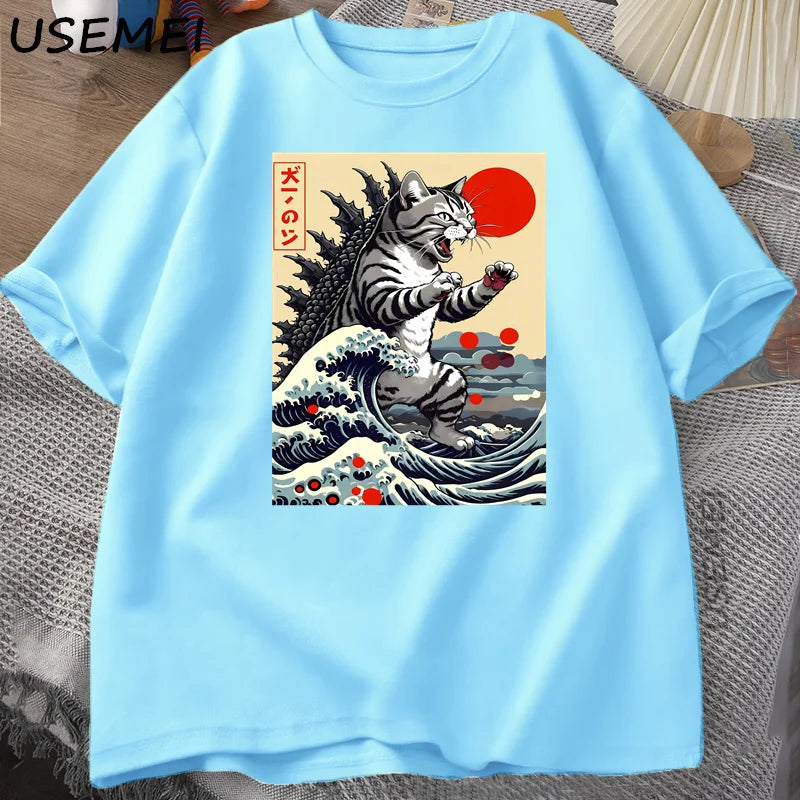 Catzilla Cat Japanese Funny T-shirt for Men Women Vintage Cartoon Print Casual Comfortable Round Neck Short Sleeved T-shirt Top