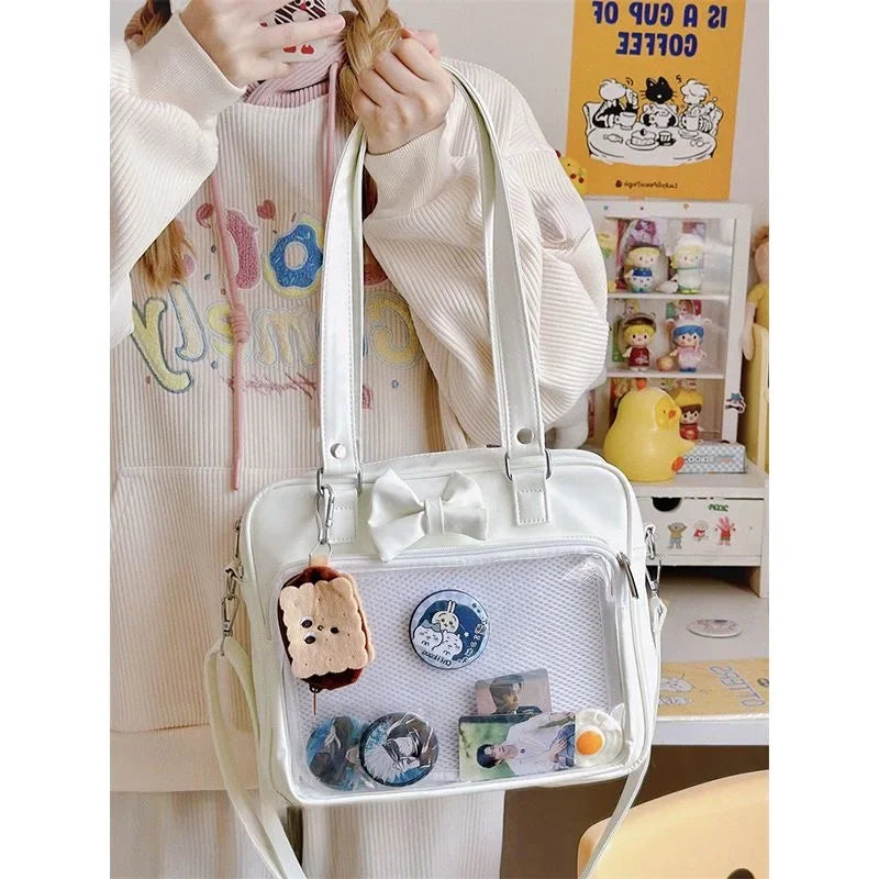 Japanese Style Kawaii PU Leather Itabag Women Transparent Pocket Bowknot Lolita Shoulder Bag Tote Handbags Women Ita Bag JK Girl