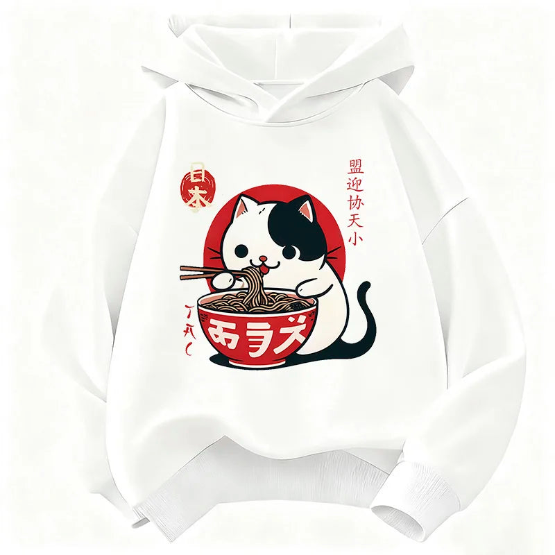 Japanese Style Cat Eat Ramen Hoodie Manga Kids Cat Children's Sweatshirt Cute Hoody for Boys Girls Casual Hoodies Spring
