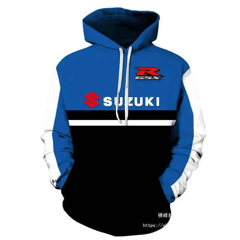 Suzuki men's casual hoodie, 3D printed long-sleeved top for outdoor motorcycle and bicycle enthusiasts, autumn and winter