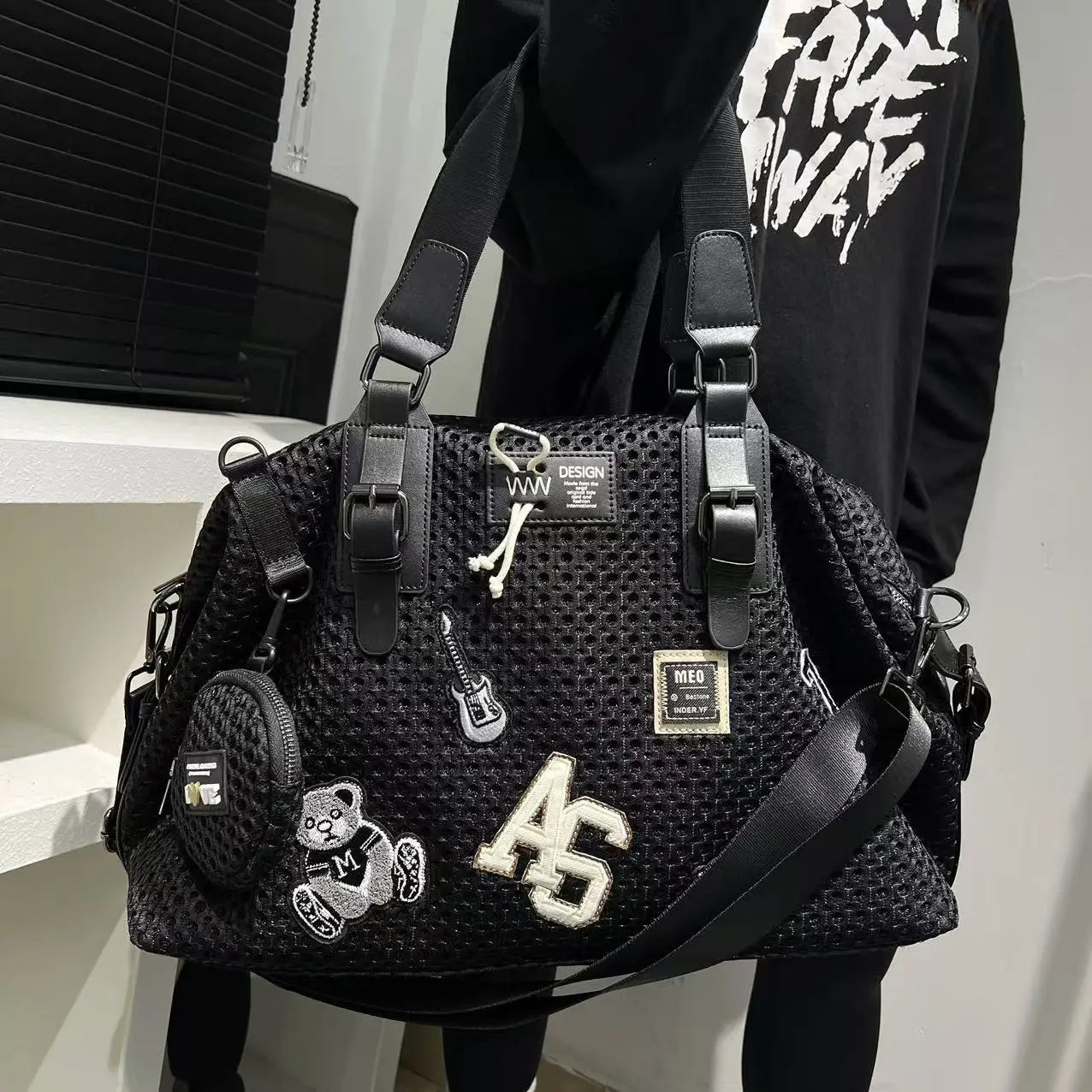 Fashionable women's mesh nylon adhesive tote bag, large capacity splicing shoulder bag, short distance travel casual handbag