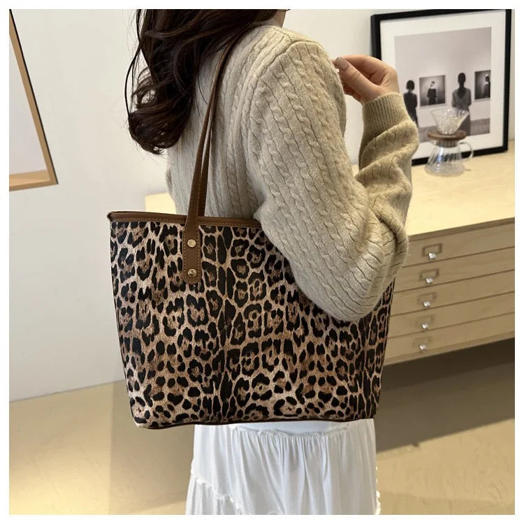 Women's Leopard Print Tote bag Pu Leather Underarm Bags Simple Casual Travel Shopping Bag Large Capacity Mother and Child Packag