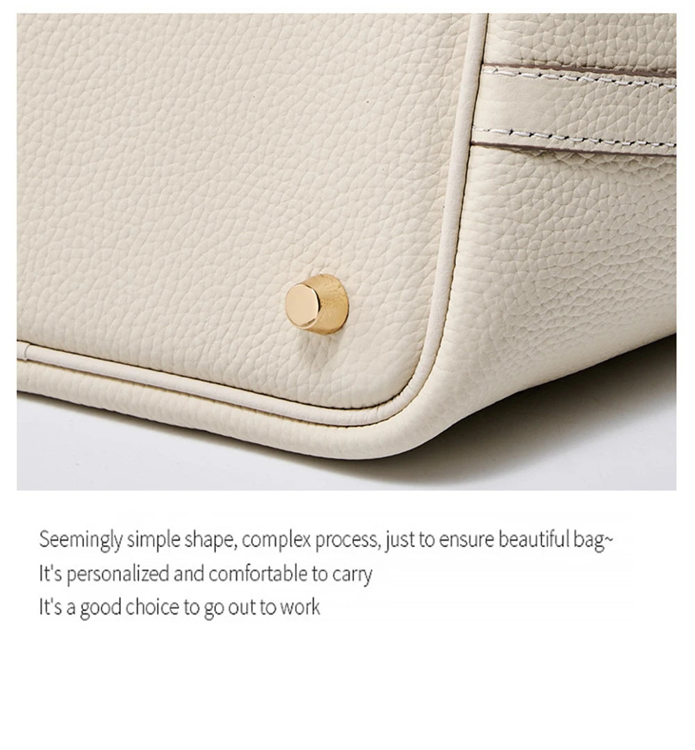 2025 Casual Fashion Female Genuine Leather Bucket Bag Luxury Handbag High-End Tote Bag Woman Cow Leather Mommy Bag & Metal Lock