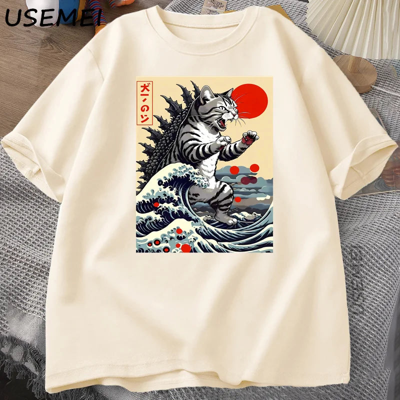 Catzilla Cat Japanese Funny T-shirt for Men Women Vintage Cartoon Print Casual Comfortable Round Neck Short Sleeved T-shirt Top