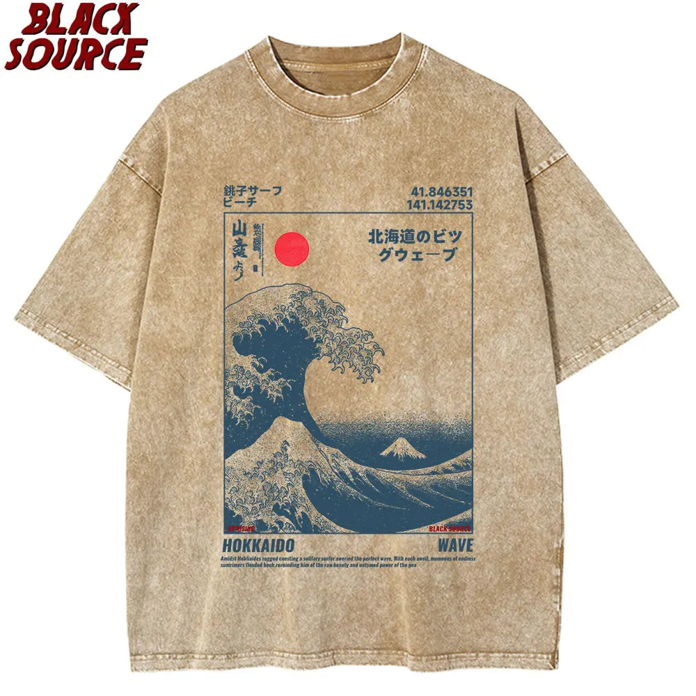 T416 Japanese Style Hokkaido Wave Vintage T-shirt Men Women Harajuku Fashion High Quality T Shirts Oversized Cotton Summer Tee