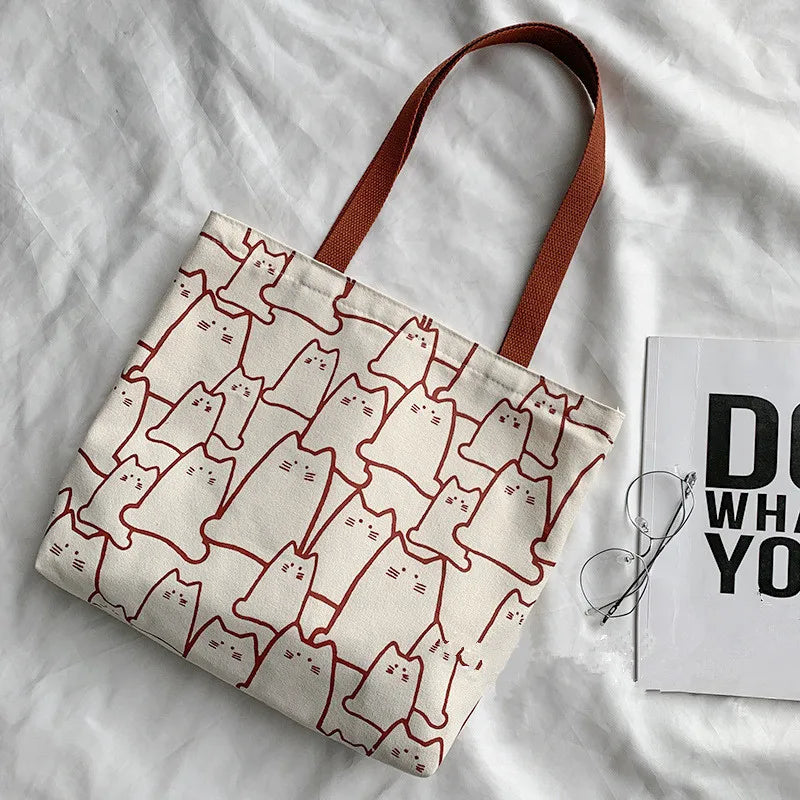 Canvas Handbag For Women 2023 Fashion Cute Cat Tote Messenger Bags With Zipper Designer Bag Ladies Cartoon Shoulder Shopper Bags