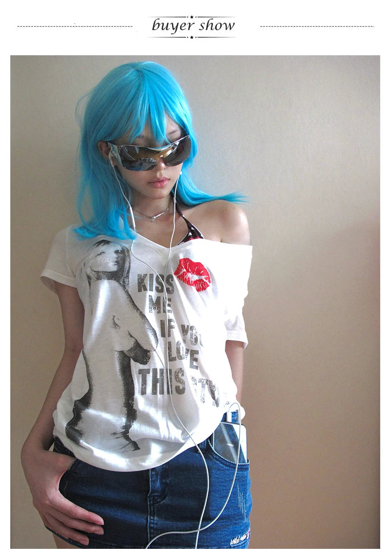 Karrcat Trashy Y2k Letter Print T-shirt Grunge Aesthetics Short Sleeve V-neck Tops Vintage 2000s Style Tee Shirt American Retro