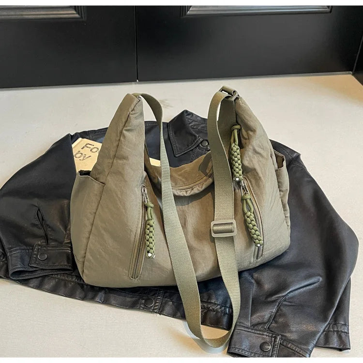 Summer Women Solid Color Shoulder Bag Fashion Lightweight Versatile Travel Crossbody Bag Commuter Nylon Large Capacity Hobo Bag