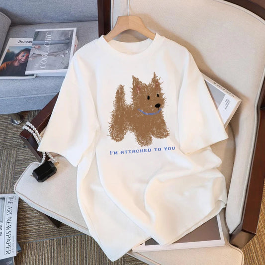 Soft Cuteness Alert  Korean Style T Shirt Cute Fun Pattern Print Loose Short  Sleeve White Top for Women Casual Summer Clothing