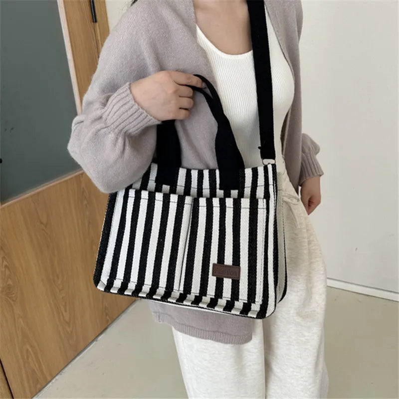 Cool Street Handbag, Large Capacity Women's Shoulder Bag, Trendy Striped Canvas Crossbody Bag, Fashion Travel Shopping Tote Bag