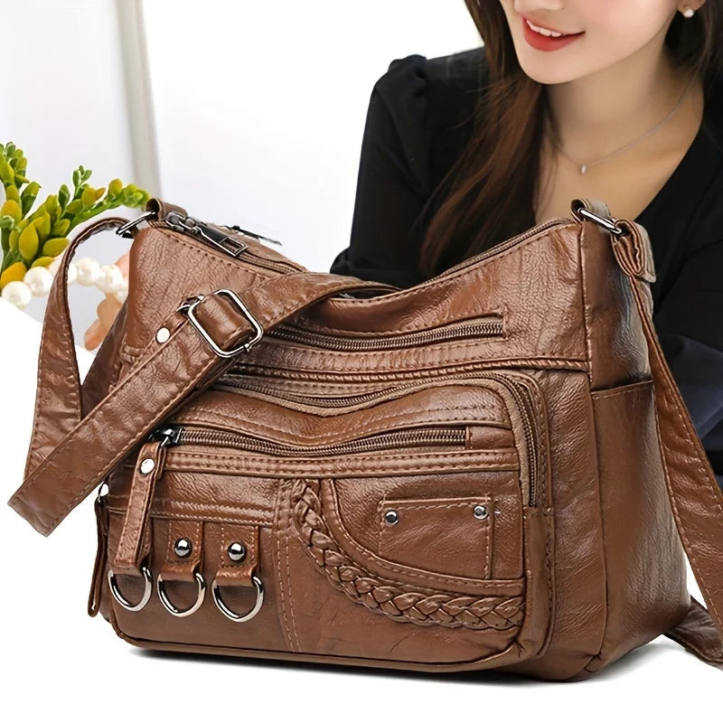 Vintage PU Crossbody Bag, Retro Multi Layer Shoulder Bag, Women's Fashion Handbag & Purse, Female Work Travel Messenger Bag