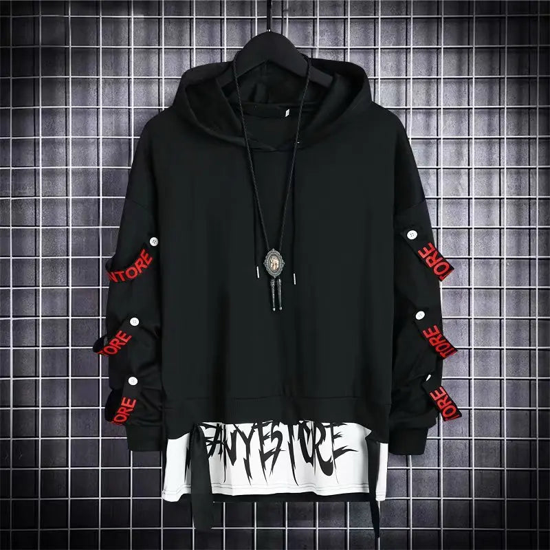 Autumn  Men's Casual Hoodie Sweatshirt Techwear Hip Hop Harajuku Style with Ribbons Patchwork Japanese Streetwear Darkwear