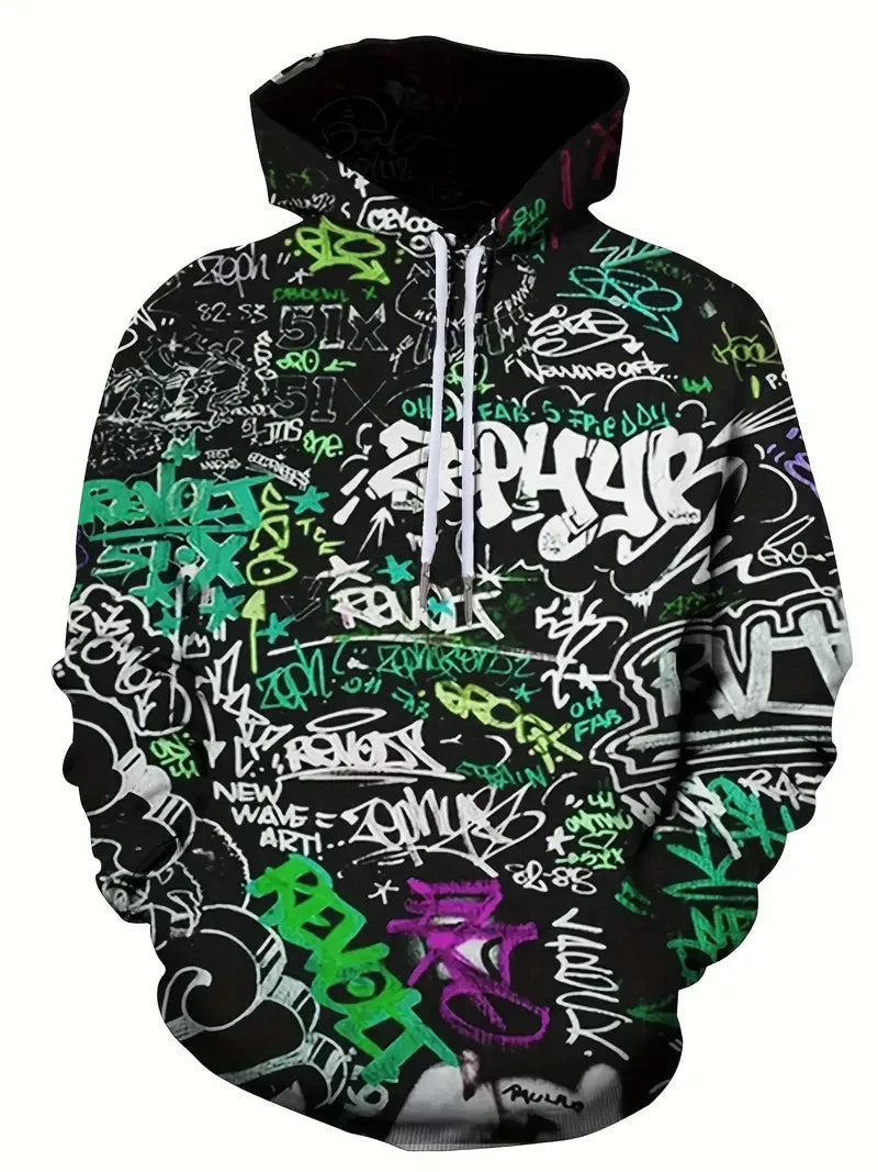 2024 New Men's Painted Graffiti Flow Printed Hoodie Casual Trendy Long Sleeve Sports Top Street Men's Colorful Pattern Hoodie