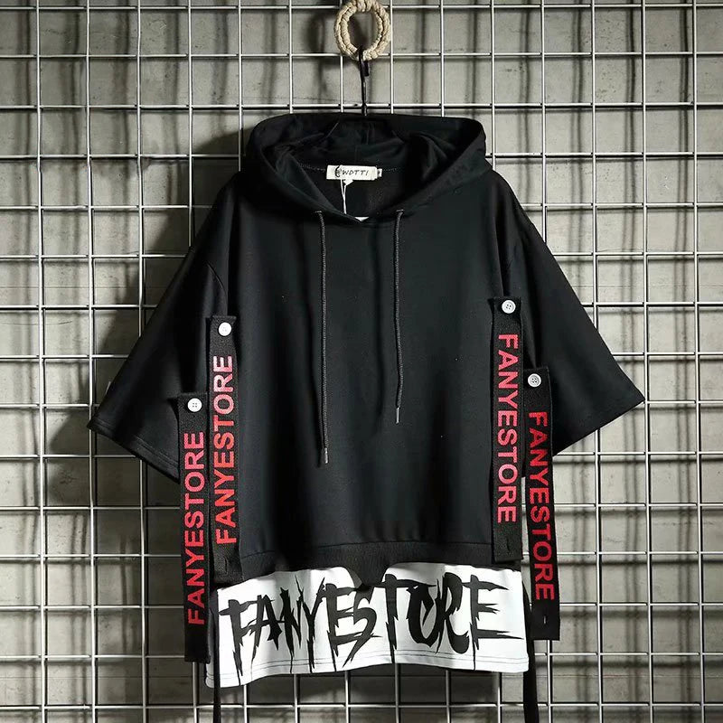 Autumn  Men's Casual Hoodie Sweatshirt Techwear Hip Hop Harajuku Style with Ribbons Patchwork Japanese Streetwear Darkwear