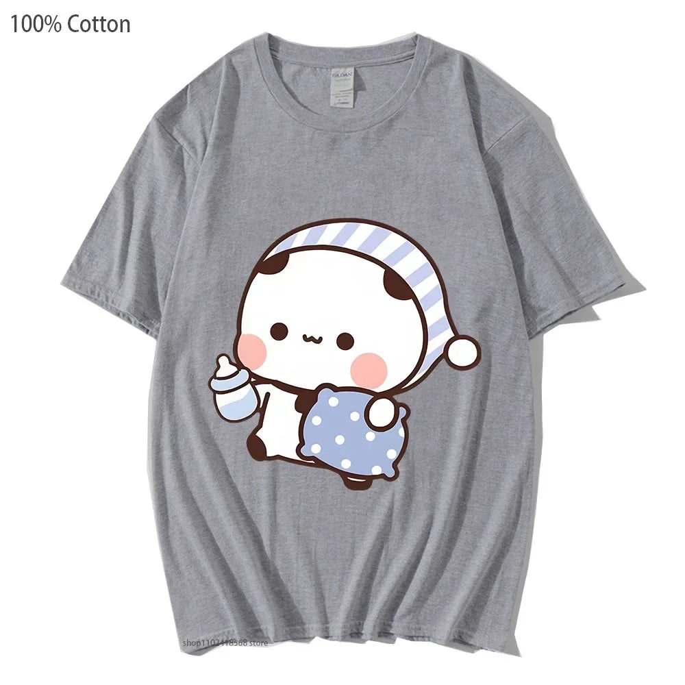 Couple Shirts Kawaii Cute BuBu Panda Going To Sleep with DuDu Bear Graphic Tshirt Cotton Men Women Clothes Long Sleeve Tees