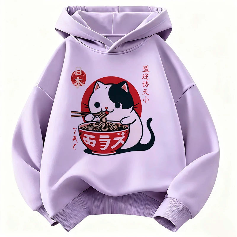 Japanese Style Cat Eat Ramen Hoodie Manga Kids Cat Children's Sweatshirt Cute Hoody for Boys Girls Casual Hoodies Spring