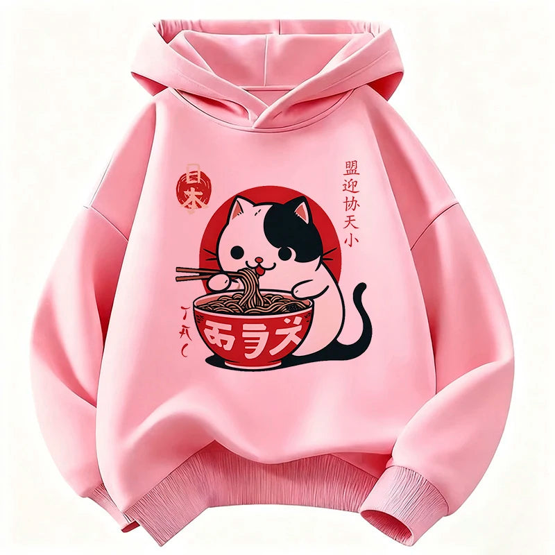 Japanese Style Cat Eat Ramen Hoodie Manga Kids Cat Children's Sweatshirt Cute Hoody for Boys Girls Casual Hoodies Spring