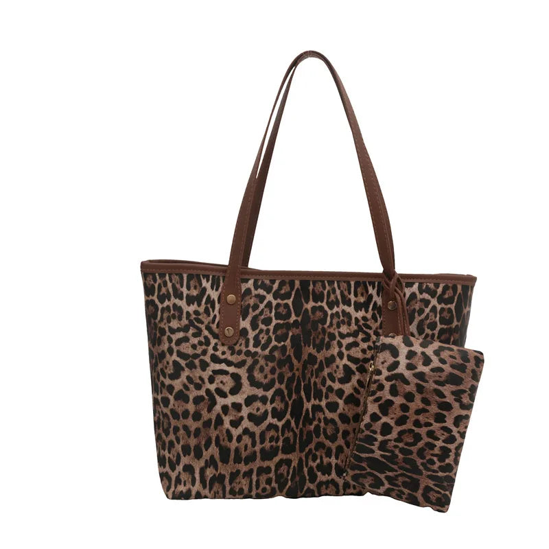 Women's Leopard Print Tote bag Pu Leather Underarm Bags Simple Casual Travel Shopping Bag Large Capacity Mother and Child Packag