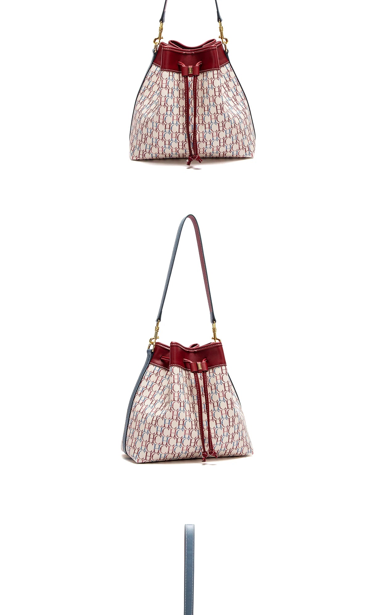 CHCH Women's Bucket Bag Spring New Wine Red Drawstring Bag Dual purpose Shoulder Strap Commuter Wallet