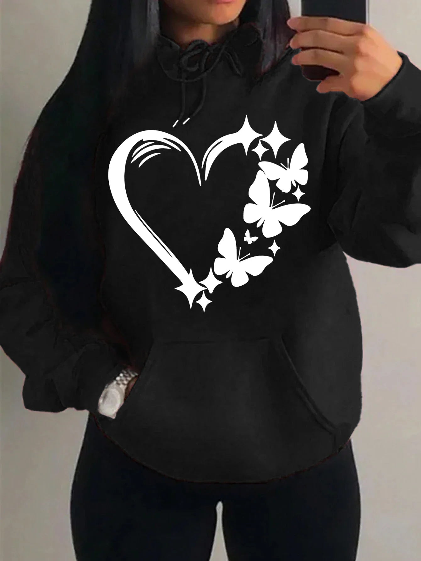 Women's Love and Butterfly Pattern Hoodie Hip Hop Street Fashion Pocket Clothes Retro Multi Color Hoodie
